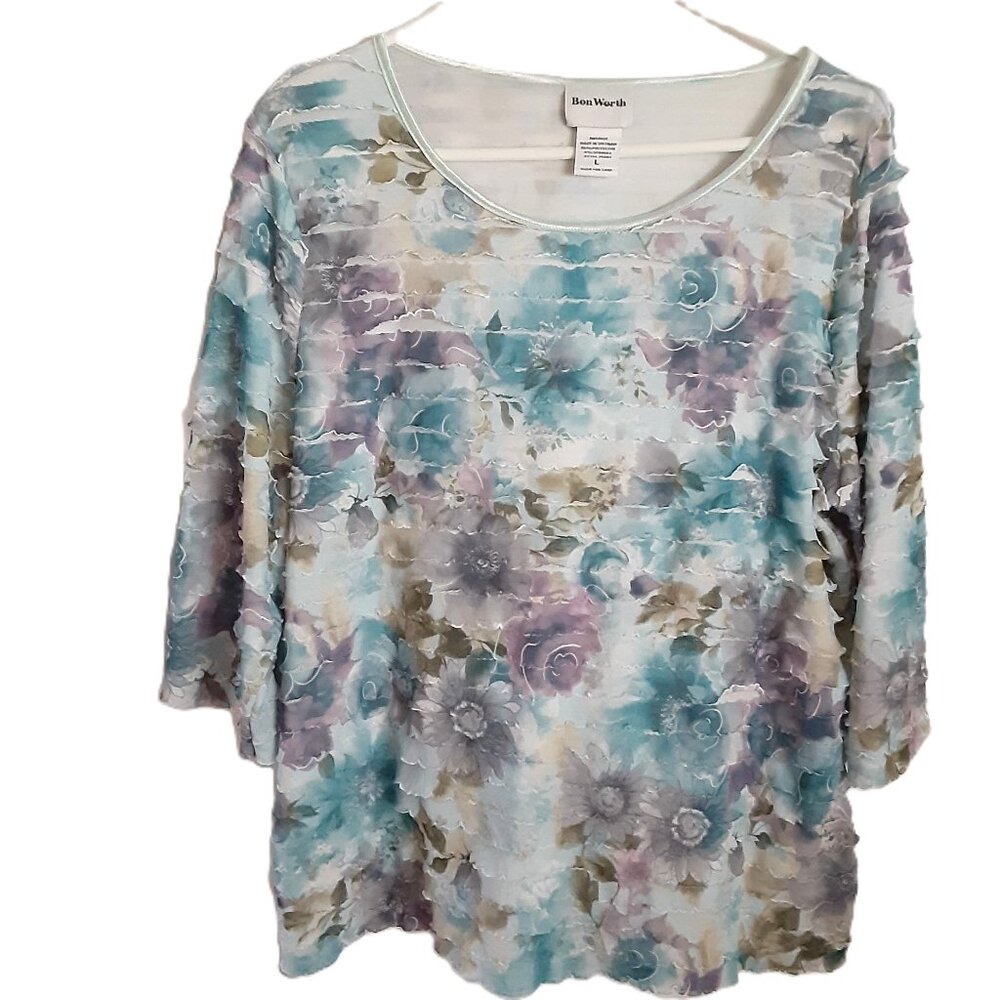 Bon Worth Blouse LARGE Pullover Short Sleeve Ruffles 3/4 Sleeve Floral Easy Care